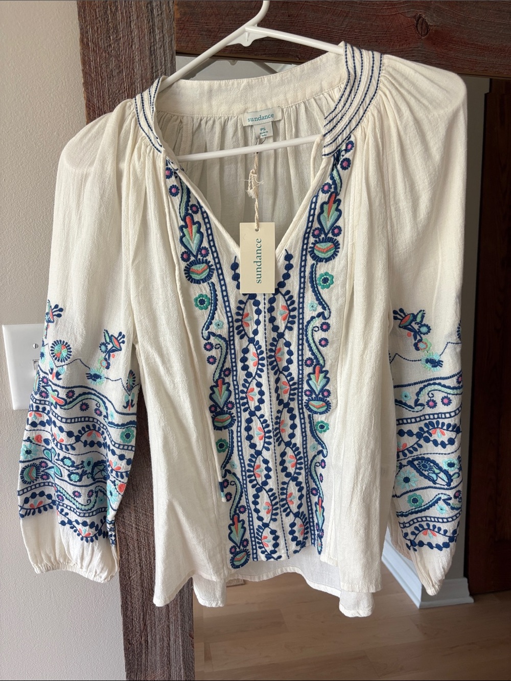 Women’s NWT’s Sundance Cream Peasant Tunic with Blue & Teal Embroidery.